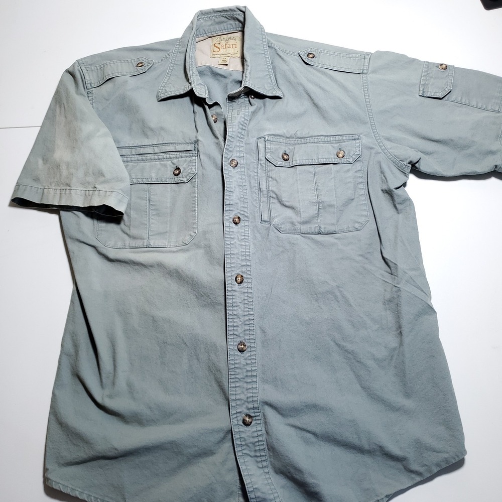 Cabelas Safari Series Mens Medium Utility Camp Shirt Blue